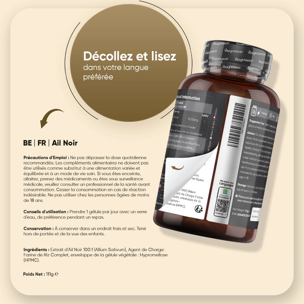 Bouteille de complément d’ail noir fermenté, vue dos avec étiquette et code-barres