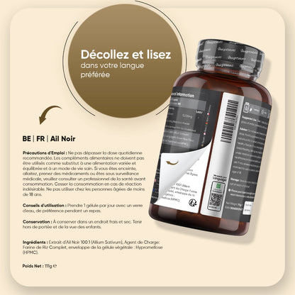 Bouteille de complément d’ail noir fermenté, vue dos avec étiquette et code-barres