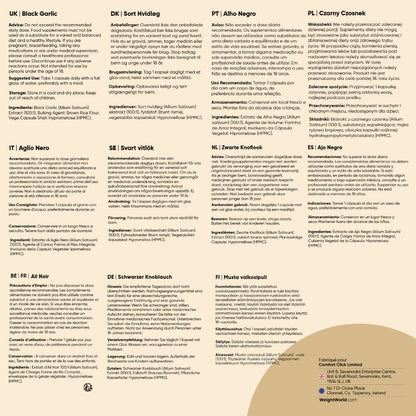 Fiche d’informations sur l’ail noir, texte multilingue sur dosages et ingrédients
