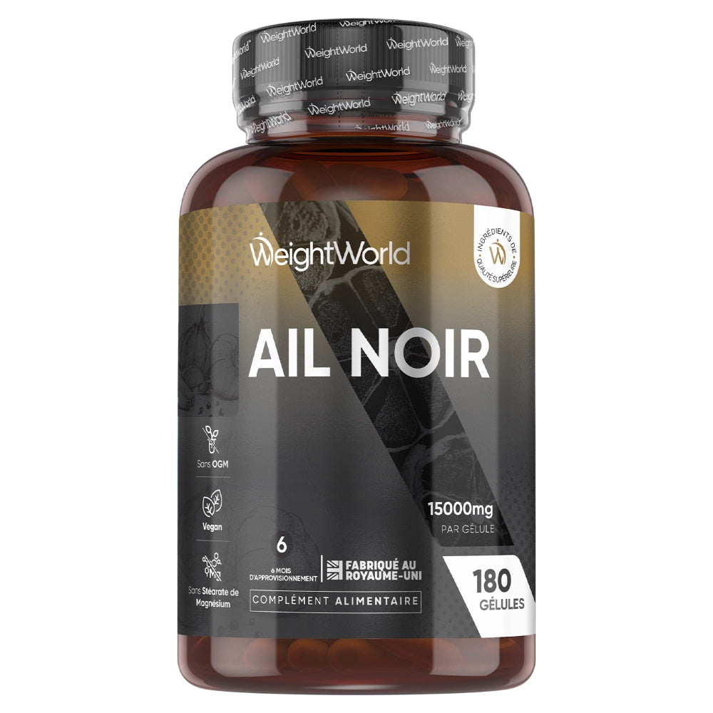 Bouteille de complément d’ail noir fermenté, étiquette “Ail Noir” et 180 gélules