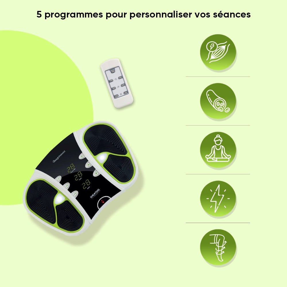 Appareil WeightWorld noir et blanc en diagonale, télécommande à proximité
