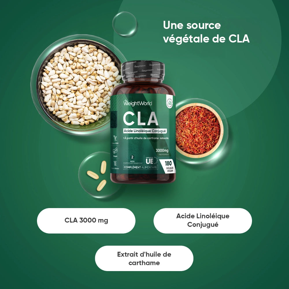 Bouteille CLA WeightWorld 3000 mg avec extrait d’huile de carthame, flacon brun étiquette