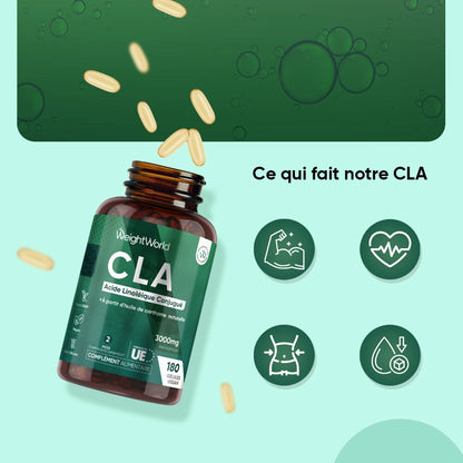 Flacon CLA WeightWorld 3000 mg, étiquette verte, gélules visibles autour