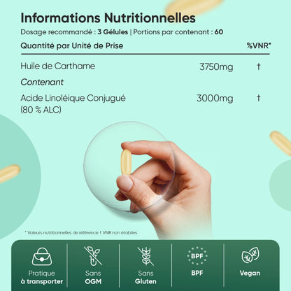 Tableau nutritionnel du complément CLA WeightWorld, flacon et portions par unité