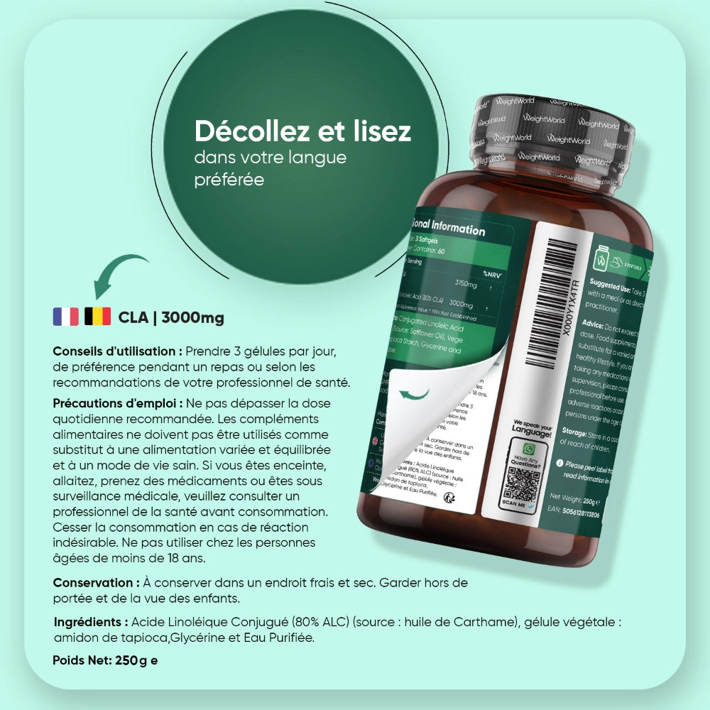 Dos de la bouteille CLA WeightWorld 3000 mg, informations et consignes de lecture