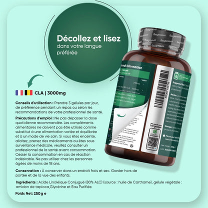 Dos de la bouteille CLA WeightWorld 3000 mg, informations et consignes de lecture