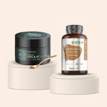 Pack de résine de shilajit et bouteille d’ashwagandha bio sur présentoirs