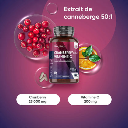 Flacon Cranberry avec vitamine C, extrait 50:1, 180 gélules