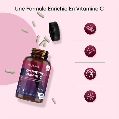 Flacon de gélules Cranberry avec vitamine C, capsules visibles et bouchon ouvert