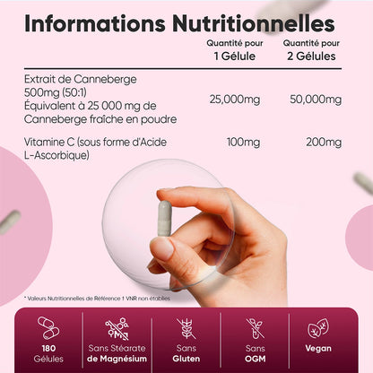 Informations nutritionnelles: Cranberry 500 mg et vitamine C, pour 1 ou 2 gélules