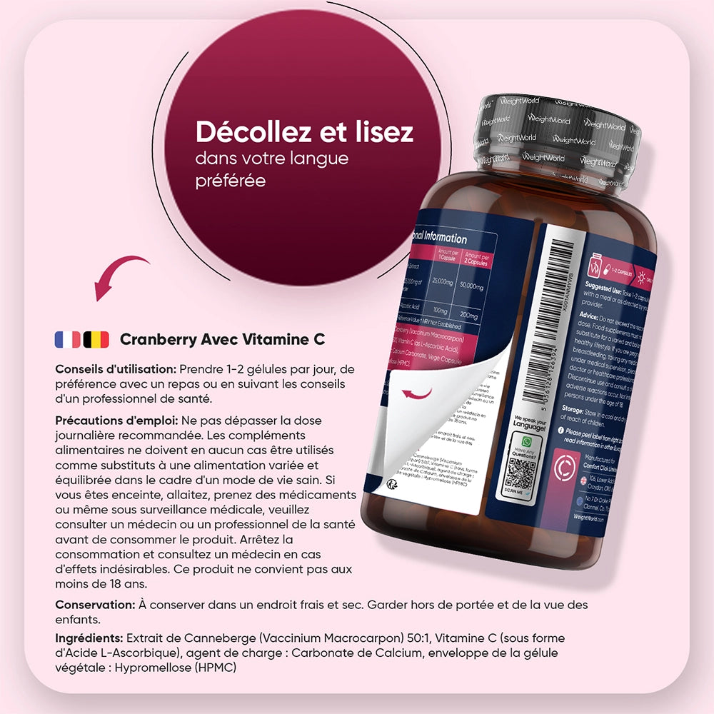 Flacon de compléments Cranberry avec vitamine C, conseils d’utilisation et précautions