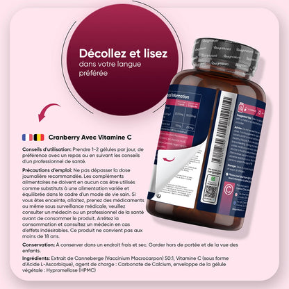Flacon de compléments Cranberry avec vitamine C, conseils d’utilisation et précautions