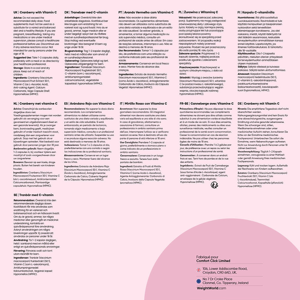 Flacon de compléments Cranberry avec vitamine C, liste d’ingrédients et mentions