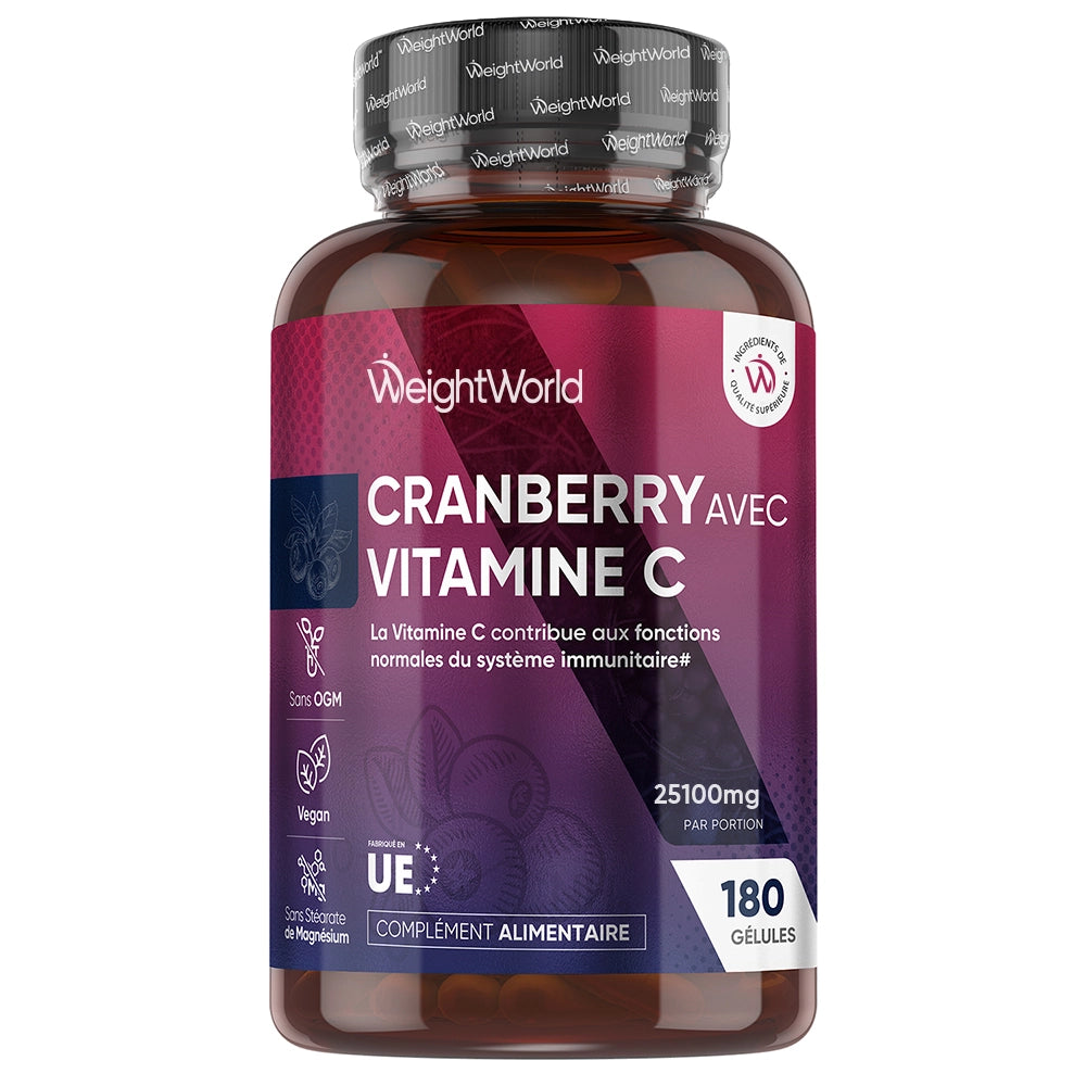 Flacon de compléments alimentaires Cranberry et vitamine C, 180 gélules