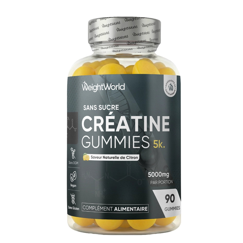 Bocal de gummies à la créatine jaune, couvercle gris et étiquette WeightWorld sans sucre