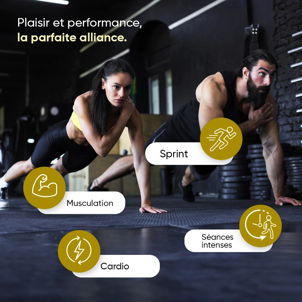 Pictogrammes d’entraînement (musculation, sprint, cardio) pour créatine gummies WeightWorld