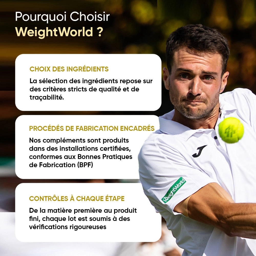 Bouteille de créatine en gummies à côté d’un homme en tenue de sport WeightWorld