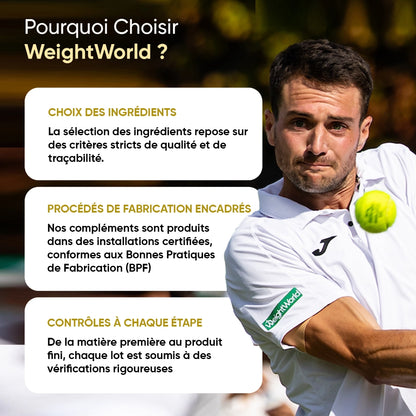 Bouteille de créatine en gummies à côté d’un homme en tenue de sport WeightWorld