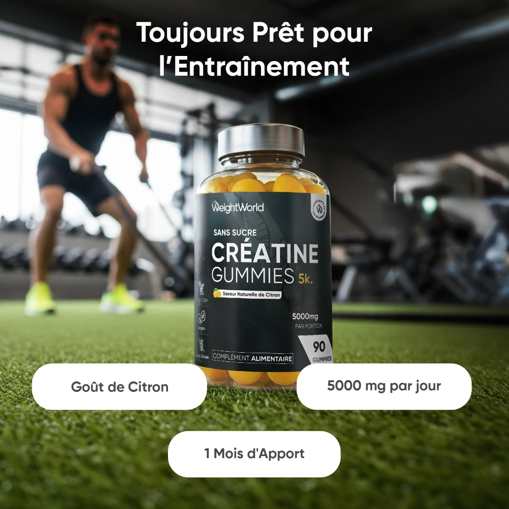 Flacon de créatine gummies sans sucre, goût citron, 5000 mg, 90 gummies WeightWorld