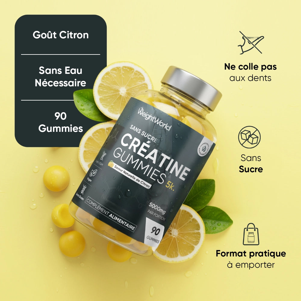 Bouteille de créatine gummies goût citron avec citrons, feuilles et pastilles jaunes