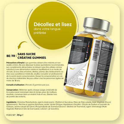 Bouteille de créatine gummies illustrée avec contenu et consignes sur l’étiquette
