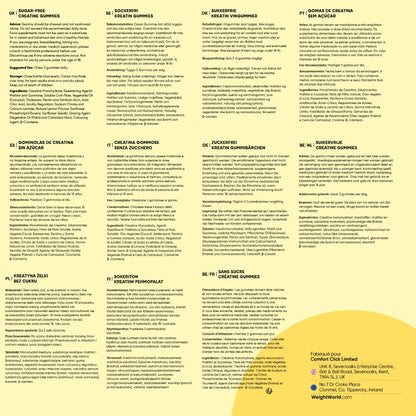 Plaquette texte avec détails du complément à base de créatine gummies et mentions légales
