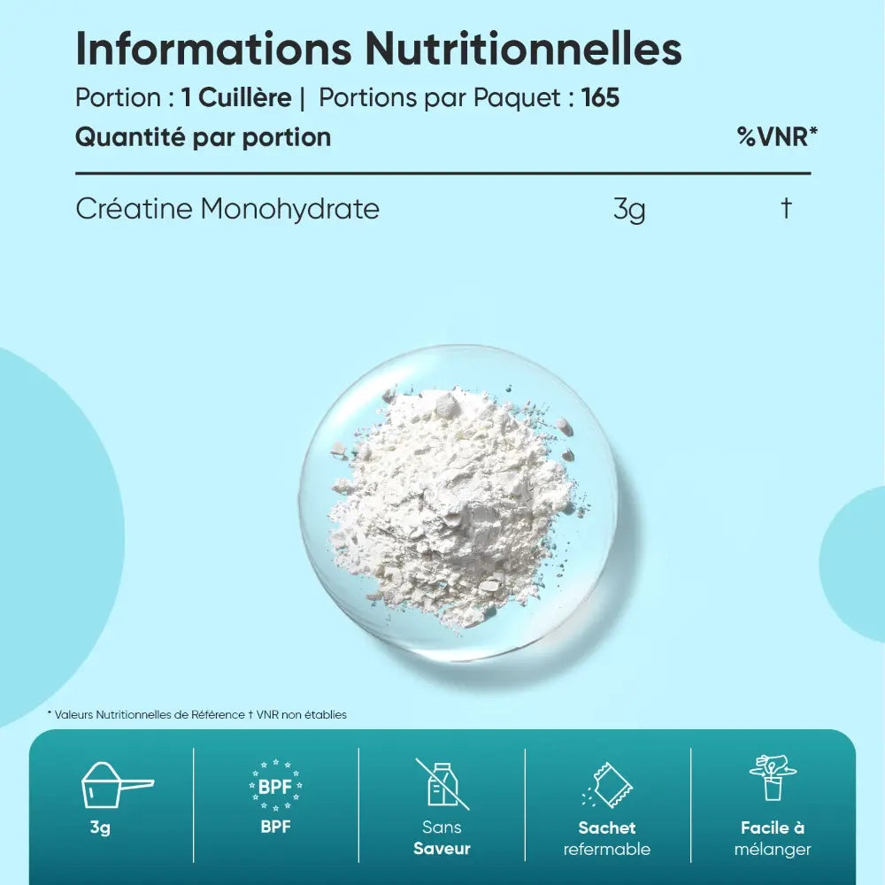 Informations nutritionnelles: 3 g de créatine monohydrate par portion, 165 portions.