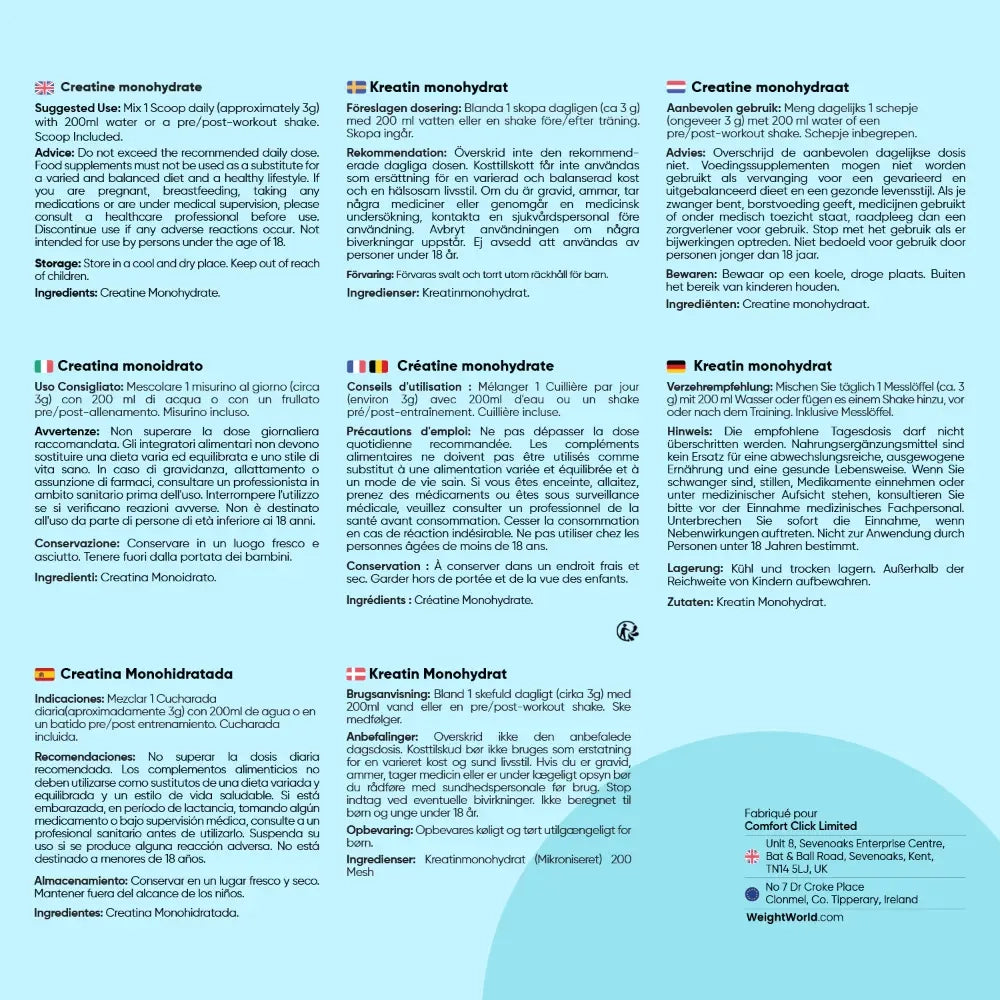 Étiquette multilingue : ingrédients et recommandations pour poudre de créatine