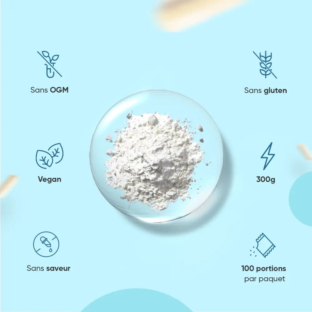 Poudre blanche de créatine monohydrate en bol, sans OGM et vegan.