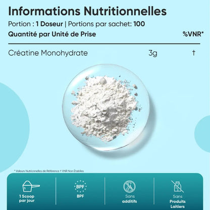 Informations nutritionnelles: créatine monohydrate, 3 g par portion.