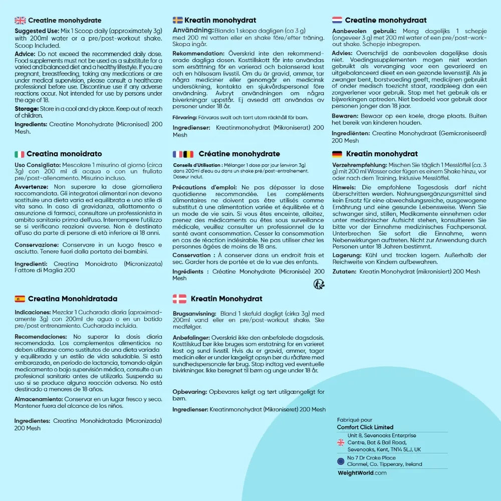 Fiche produit avec informations et ingrédients de créatine monohydrate en poudre.