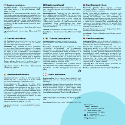 Fiche produit avec informations et ingrédients de créatine monohydrate en poudre.