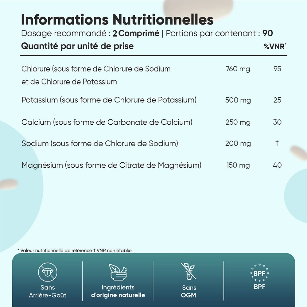 Informations nutritionnelles d’électrolytes WeightWorld en comprimés, doses par portion
