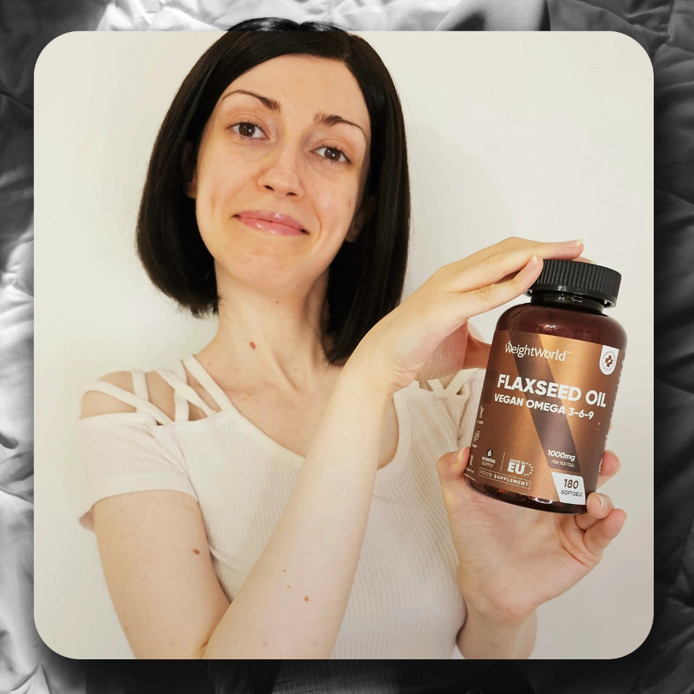Bouteille d’huile de lin Vegan oméga 3-6-9 et gélule jaune