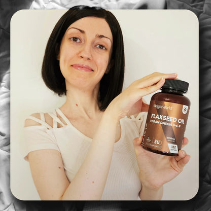 Bouteille d’huile de lin Vegan oméga 3-6-9 et gélule jaune