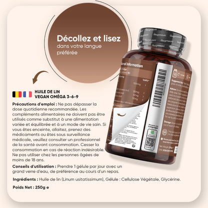 Bouteille d’huile de lin Vegan oméga 3-6-9, étiquette arrière