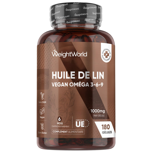 Bouteille d’huile de lin Vegan oméga 3-6-9, 180 gélules, 1000 mg