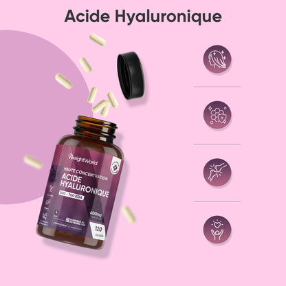 Gélules d’acide hyaluronique : bouteille WeightWorld et capsules transparentes