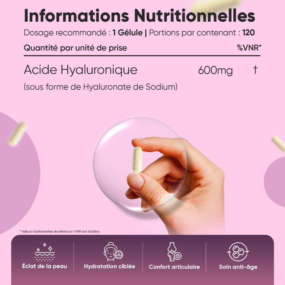 Panneau « informations nutritionnelles » pour acide hyaluronique 600 mg, 120 gélules