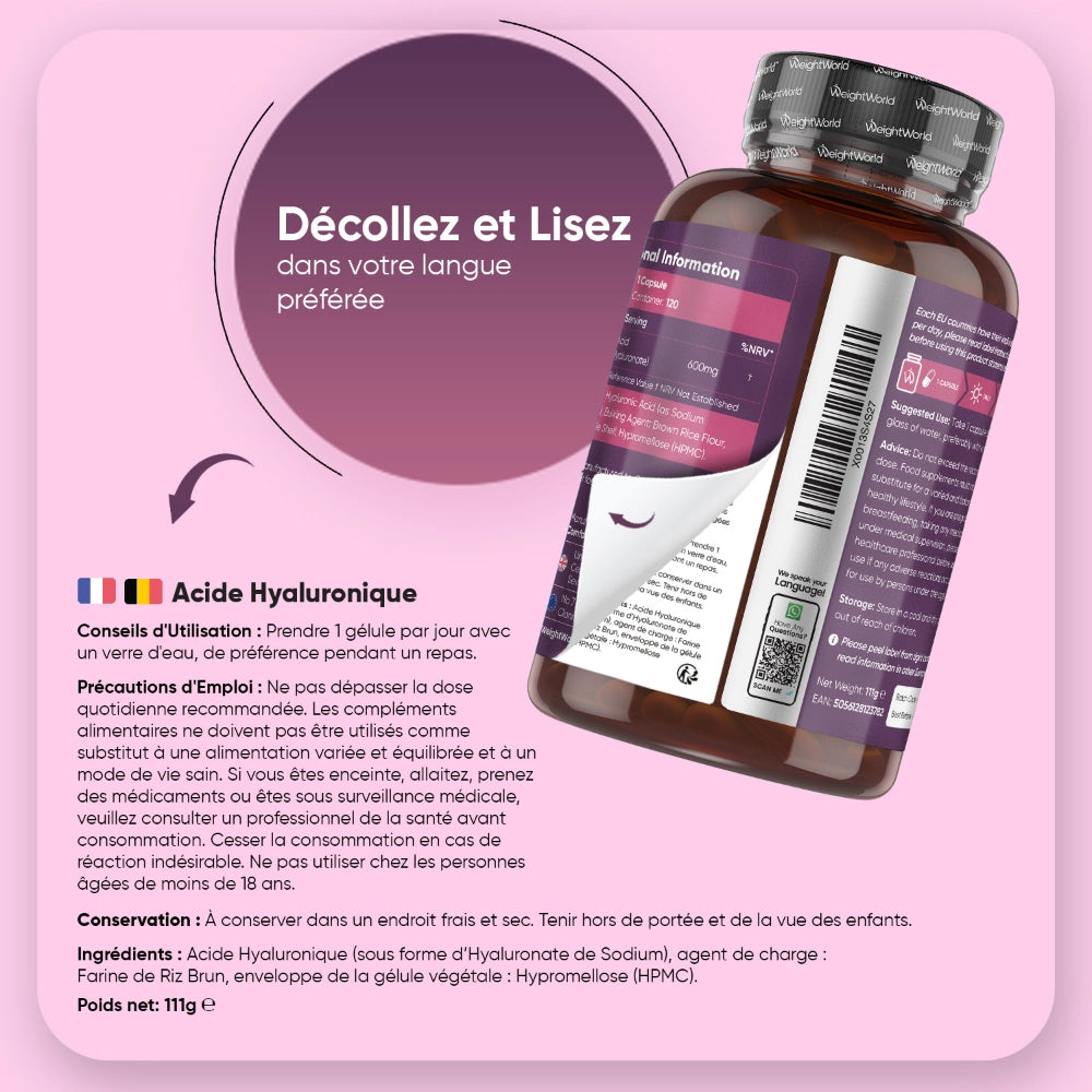 Bouteille d’acide hyaluronique WeightWorld, face arrière avec conseils d’utilisation