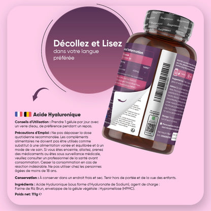 Bouteille d’acide hyaluronique WeightWorld, face arrière avec conseils d’utilisation