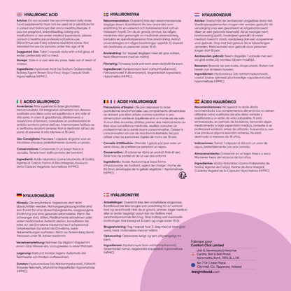 Panneau d’informations sur l’acide hyaluronique et les ingrédients en plusieurs sections