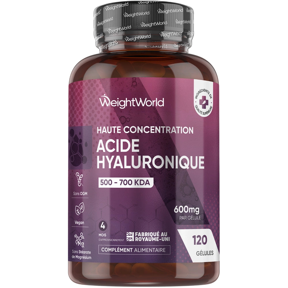 Bouteille de gélules d’acide hyaluronique WeightWorld, 600 mg, 120 gélules