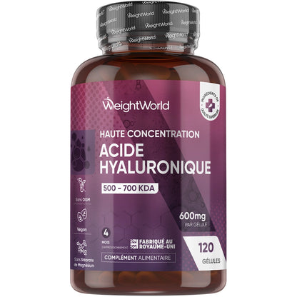 Bouteille de gélules d’acide hyaluronique WeightWorld, 600 mg, 120 gélules