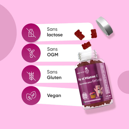 Gummies Fer et Vitamine C, sans lactose, sans OGM, sans gluten, vegan