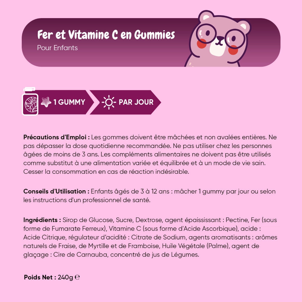 Informations produit : 1 gummy par jour, ingrédients et poids net 240 g