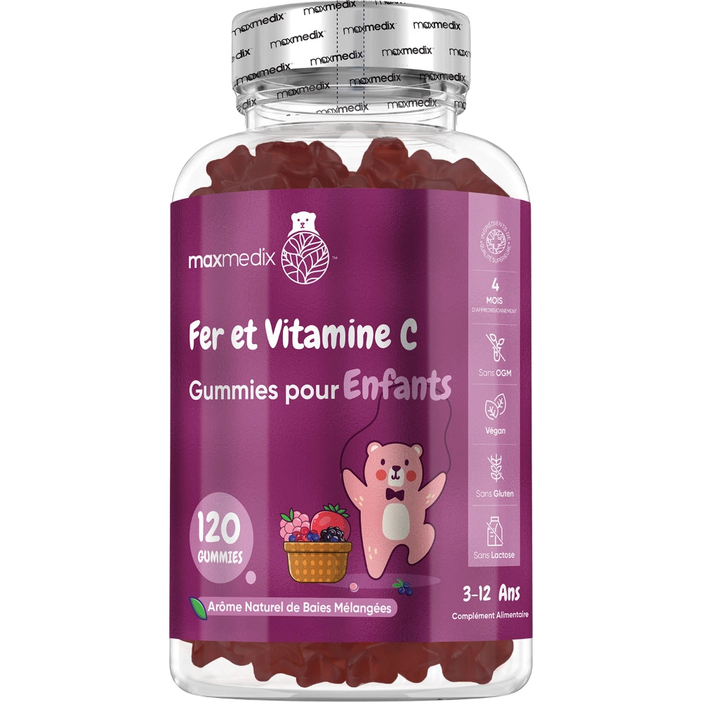 Bocal de gummies Fer et Vitamine C pour enfants, 120 gummies, arôme baies mélangées