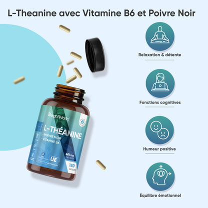 Flacon de complément alimentaire en gélules, pictogrammes détente et équilibre émotionnel