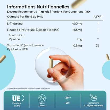 Flacon de complément alimentaire, tableau d’informations nutritionnelles et main tenant une gélule