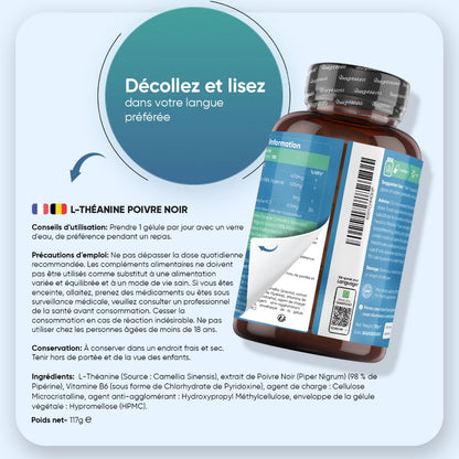 Flacon de complément alimentaire avec instructions de consommation et code-barres